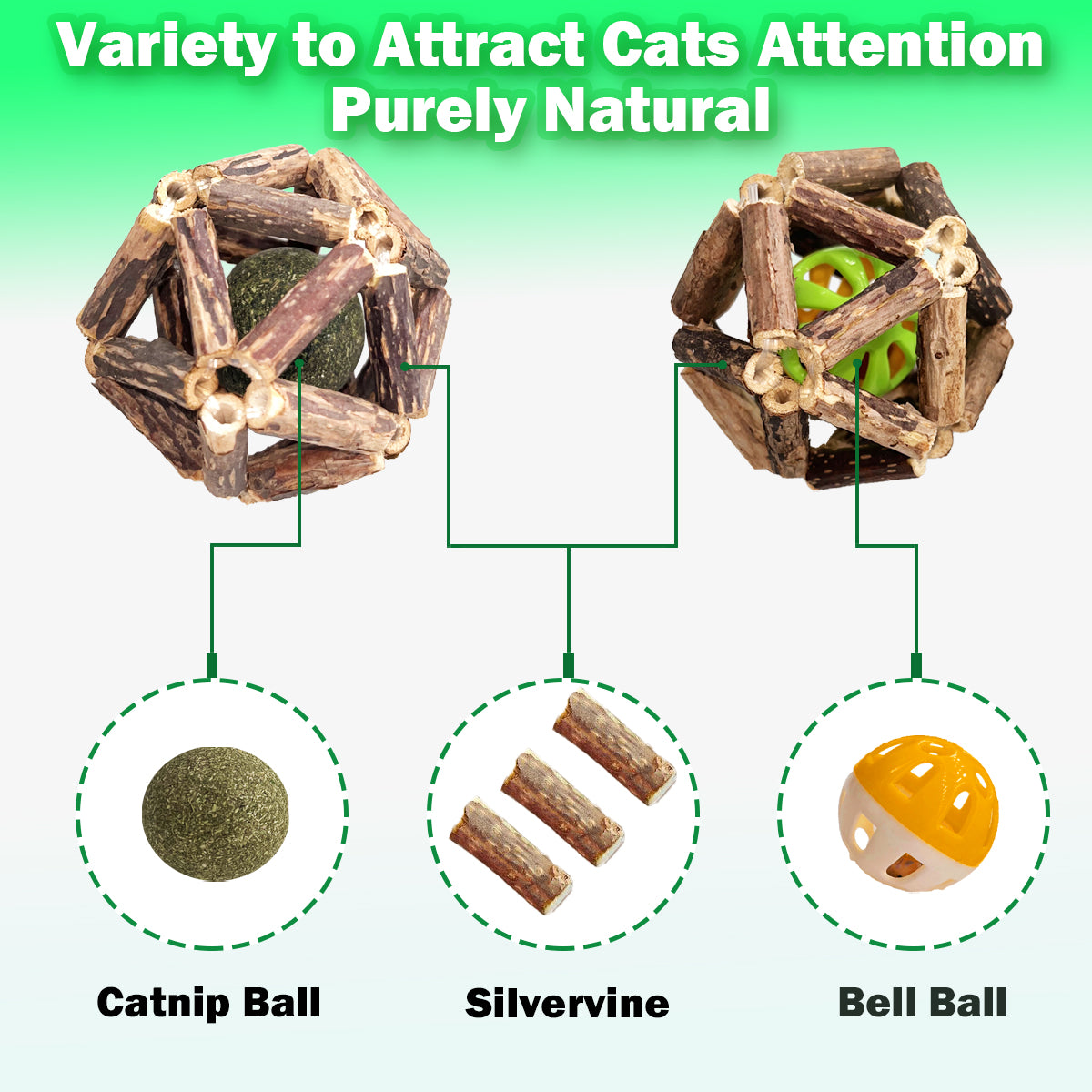 QUVOVID Cat Toys, 4 Packs Catnip Ball Toys, Nature Silvervine Stick Cage Cat Bell Balls, Catnip Toys for Cleaning Teeth, Relaxing Cats, for All Breeds