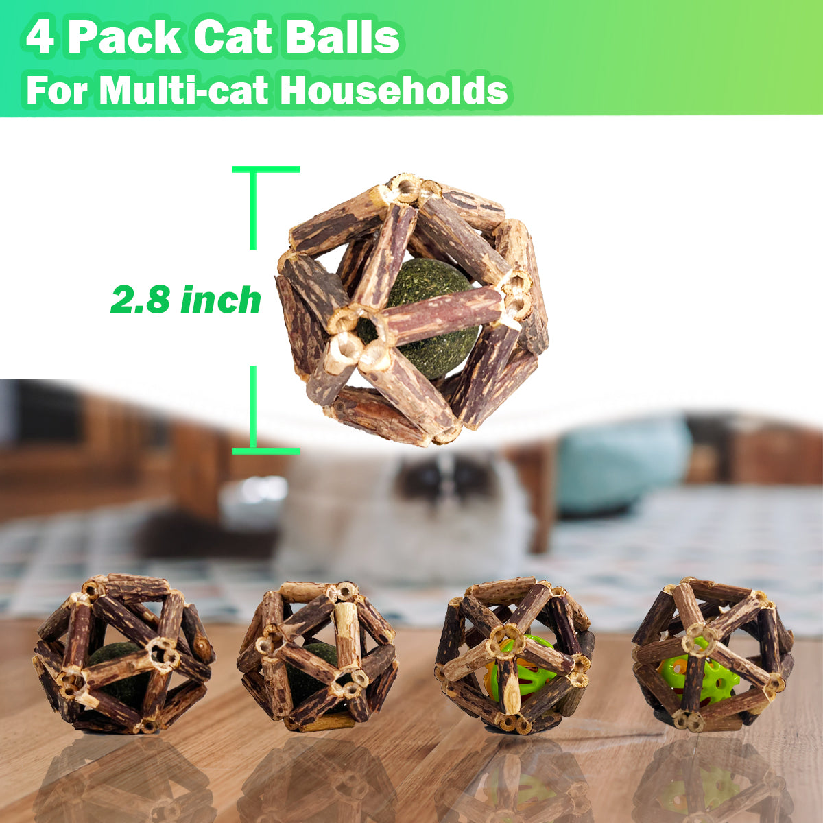 QUVOVID Cat Toys, 4 Packs Catnip Ball Toys, Nature Silvervine Stick Cage Cat Bell Balls, Catnip Toys for Cleaning Teeth, Relaxing Cats, for All Breeds