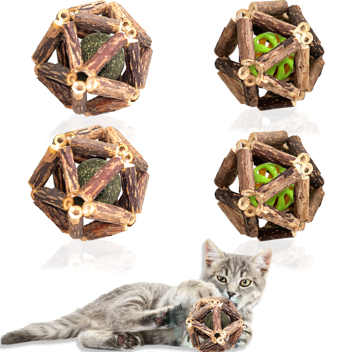 QUVOVID Cat Toys, 4 Packs Catnip Ball Toys, Nature Silvervine Stick Cage Cat Bell Balls, Catnip Toys for Cleaning Teeth, Relaxing Cats, for All Breeds