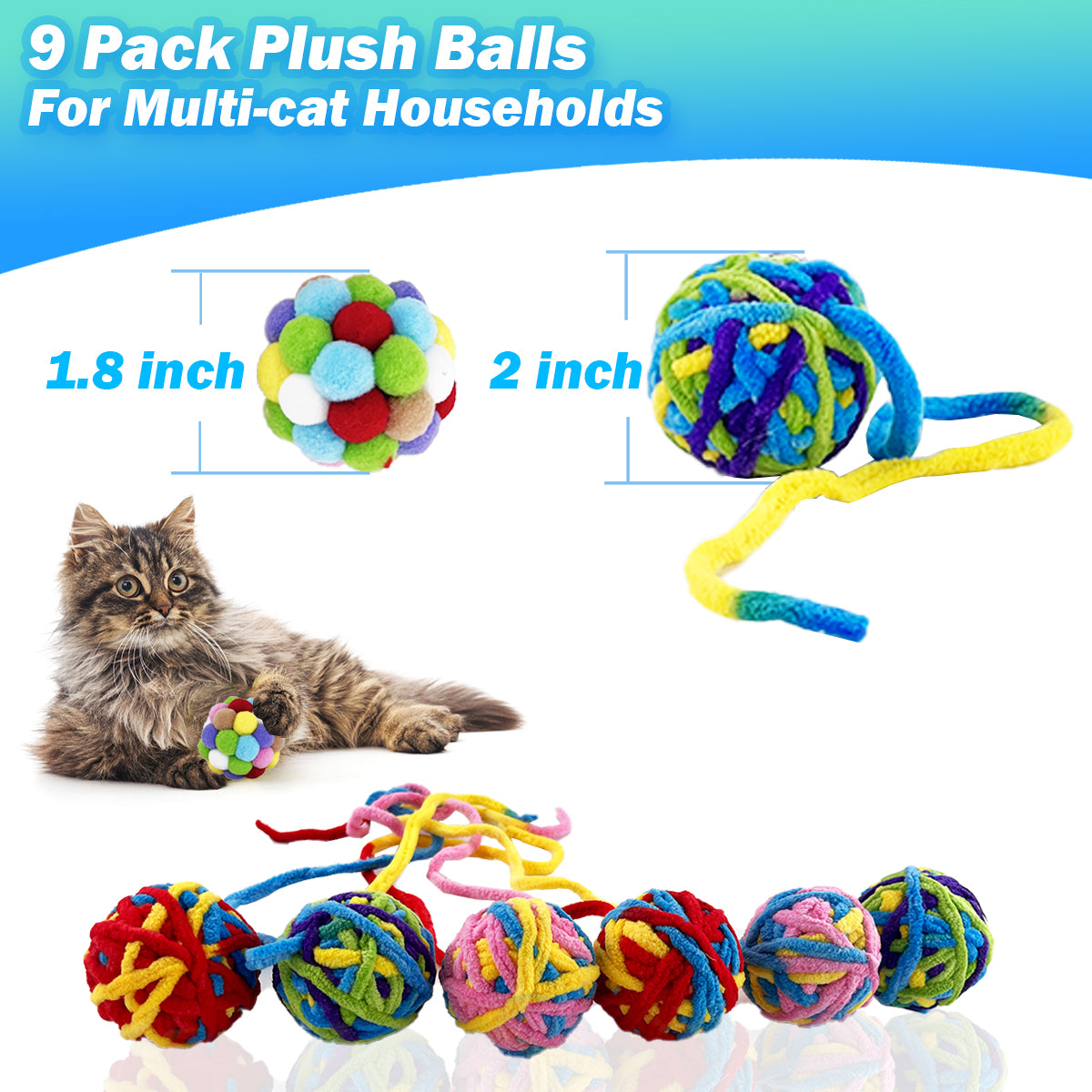 QUVOVID Cat Toys 9 Packs Cat Balls for Indoor Cats, Colorful Plush Balls, Soft and Safe Surfaces, Stimulate Cat Hunting Instincts, Interactive Cat Toys Iincrease Cat Exercise